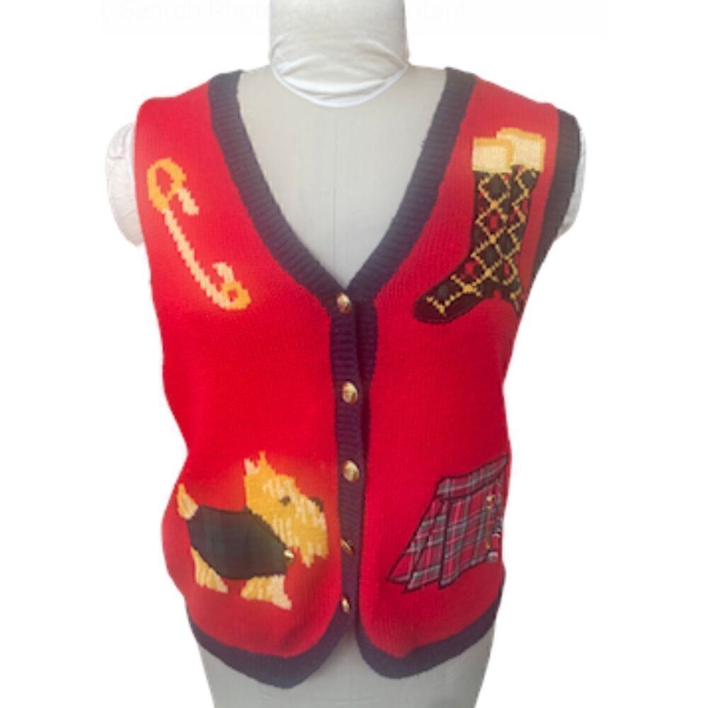 Holiday Sweater Vest Scottish Button Front Red/Blue Size M